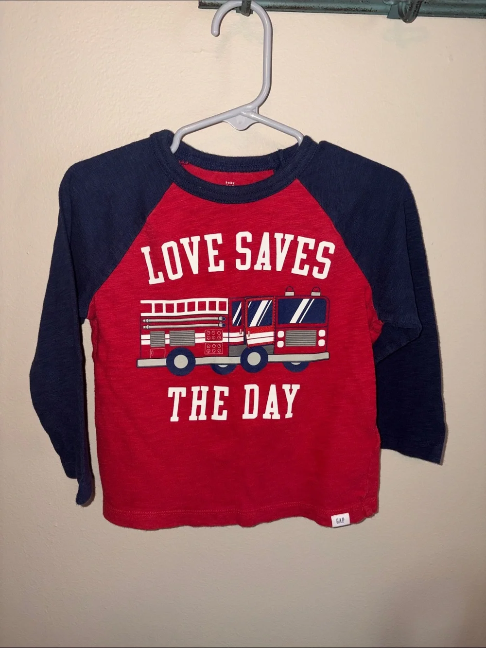 GAP Red & Navy 'Love Saves The Day' Firetruck Long Sleeve Tee